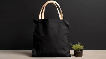 , Realistic black tote canvas fabric bag set-up in at home interior, mug mock up blank. photo