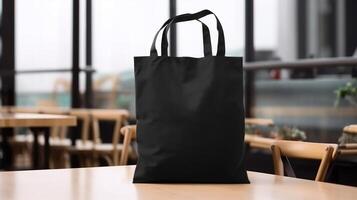 , Realistic black tote canvas fabric bag set-up in at cafe, coffee shop interior, mock up blank. photo