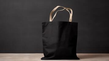 , Realistic black tote canvas fabric bag set-up in at home interior, mug mock up blank. photo