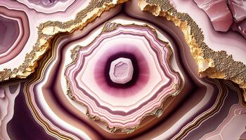 , natural volcanic agate stones close-up light pink magenta and golden texture. Wallpaper background, quartz marble, decorative rock pattern photo
