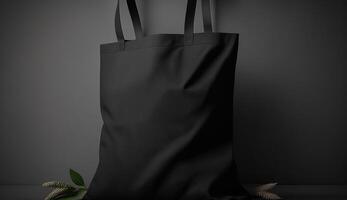 , Realistic black tote canvas fabric bag set-up in at home interior, mug mock up blank. photo