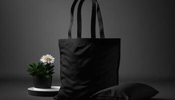 , Realistic black tote canvas fabric bag set-up in at home interior, mug mock up blank. photo