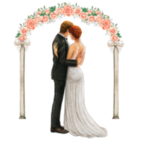 Wedding couple embracing under wedding arch png