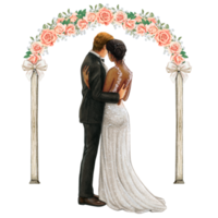 Wedding couple embracing under wedding arch png