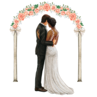 Wedding couple embracing under wedding arch png