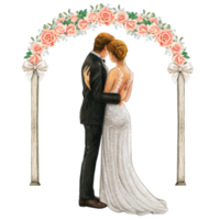 Wedding couple embracing under wedding arch png