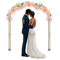 Wedding couple embracing under wedding arch png