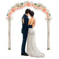 Wedding couple embracing under wedding arch png