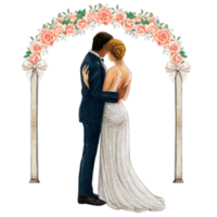 Wedding couple embracing under wedding arch png