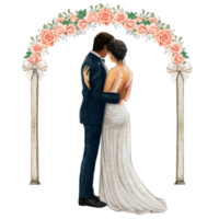 Wedding couple embracing under wedding arch png