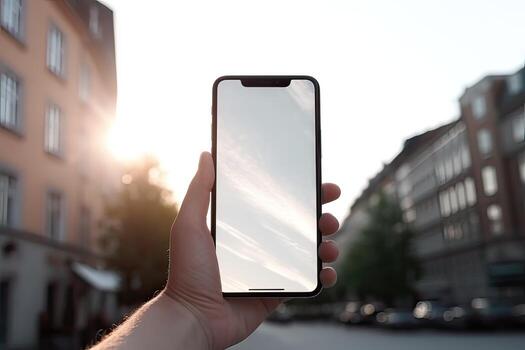 Close up view of hands holding mock up smart phone with modern office blurred background. photo