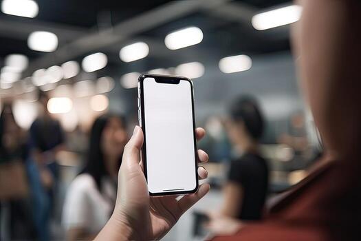 Close up view of hands holding mock up smart phone with modern office blurred background. photo