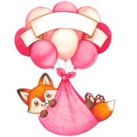 Watercolor cute newborn baby fox delivery with ballooons png