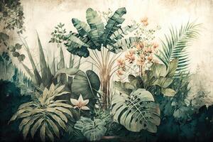 Tropical plants and trees watercolor painting for texture background photo wallpaper.