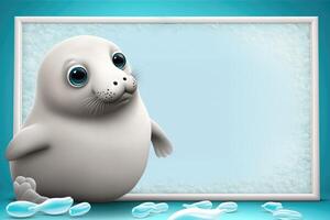 3D cute seal cartoon and blank whiteboard. photo