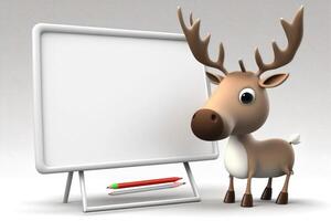 3D cute deer cartoon standing beside blank whiteboard. photo