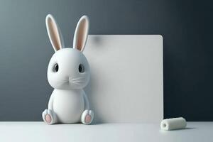 3D cute rabbit cartoon sitting beside blank whiteboard. photo