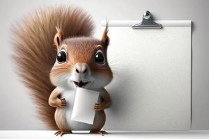 AI Generated 3D cute squirrel cartoon standing beside blank whiteboard. 3D animal background. Suitable for banners, signs, logos, sales, discount, product promotions, etc. photo