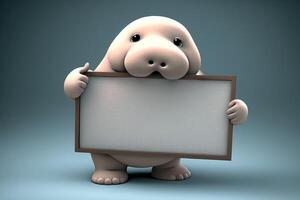 3D cute walrus cartoon holding blank whiteboard. photo