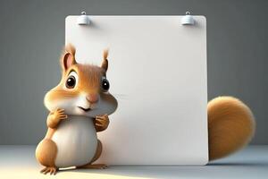 AI Generated 3D cute squirrel cartoon standing beside blank whiteboard. 3D animal background. Suitable for banners, signs, logos, sales, discount, product promotions, etc. photo