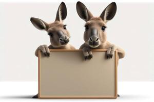 3D cute kangaroos cartoon holding blank whiteboard. photo