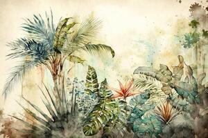 Tropical plants and trees watercolor painting for texture background photo wallpaper.