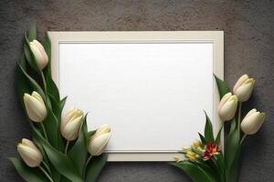 Small tulips greeting card in little border of blank backboard. photo