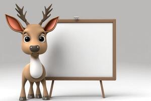 3D cute deer cartoon standing beside blank whiteboard. photo