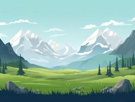 ilustración de plano verano dibujos animados paisaje. campos con arboles y montañas en el antecedentes. generativo ai. foto