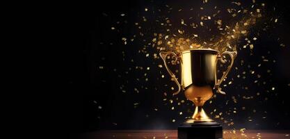 , Winner trophy with flames, golden champion cup with falling confetti on dark background photo