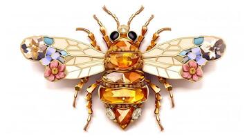 generativo ai, hermosa miel abeja broche, ópalo Roca y dorado color paleta aislado en blanco antecedentes. bisutería, joyería cerca arriba foto