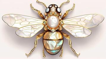 , beautiful honey bee brooch, opal stone and golden color palette isolated on white background. Bijouterie, jewelry close up photo