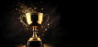 , Winner trophy with flames, golden champion cup with falling confetti on dark background photo