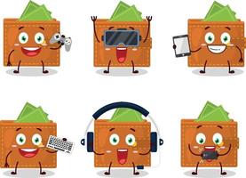 Wallet cartoon character are playing games with various cute emoticons vector