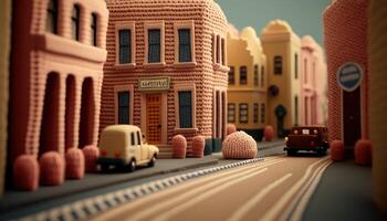 , cute street made of crochet, houses, trees, road, cars. Soft colors, dreamy scene cityscape made of crochet materials, wool, fabric, yarn, sewing for background photo