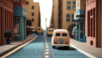 , cute street made of crochet, houses, trees, road, cars. Soft colors, dreamy scene cityscape made of crochet materials, wool, fabric, yarn, sewing for background photo