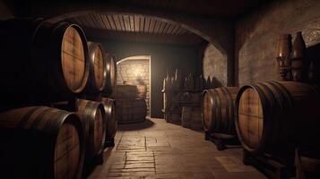 brewery cellar background, barrels, wine or beer, photo