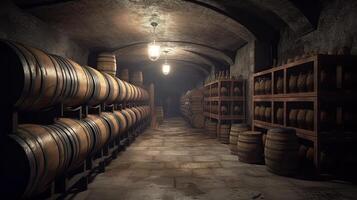 brewery cellar background, barrels, wine or beer, photo