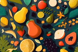 sin costura modelo antecedentes de vistoso frutas y hojas. ilustración diseño por generativo ai. foto