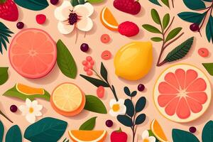 sin costura modelo antecedentes de vistoso frutas y hojas. ilustración diseño por generativo ai. foto