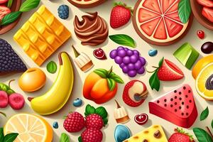 sin costura modelo antecedentes de vistoso frutas y hojas. ilustración diseño por generativo ai. foto