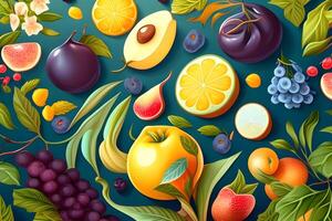 sin costura modelo antecedentes de vistoso frutas y hojas. ilustración diseño por generativo ai. foto