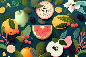 sin costura modelo antecedentes de vistoso frutas y hojas. ilustración diseño por generativo ai. foto