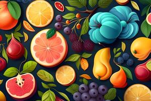 sin costura modelo antecedentes de vistoso frutas y hojas. ilustración diseño por generativo ai. foto