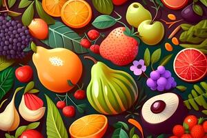 sin costura modelo antecedentes de vistoso frutas y hojas. ilustración diseño por generativo ai. foto