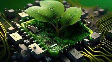 a cute tiny green sprout growing from an electronic circuit board. . photo