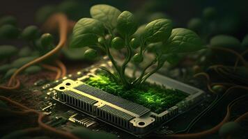 a cute tiny green sprout growing from an electronic circuit board. . photo