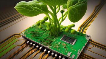 a cute tiny green sprout growing from an electronic circuit board. . photo