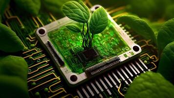 a cute tiny green sprout growing from an electronic circuit board. . photo