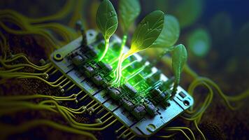 a cute tiny green sprout growing from an electronic circuit board. . photo